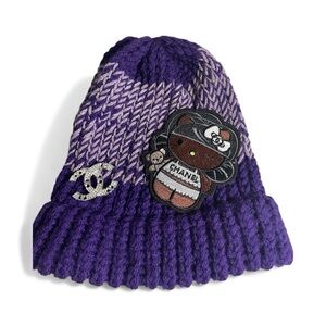Hand Knitted Purple Beanie with Luxury Hello Kitty Patch and Luxury Brooch